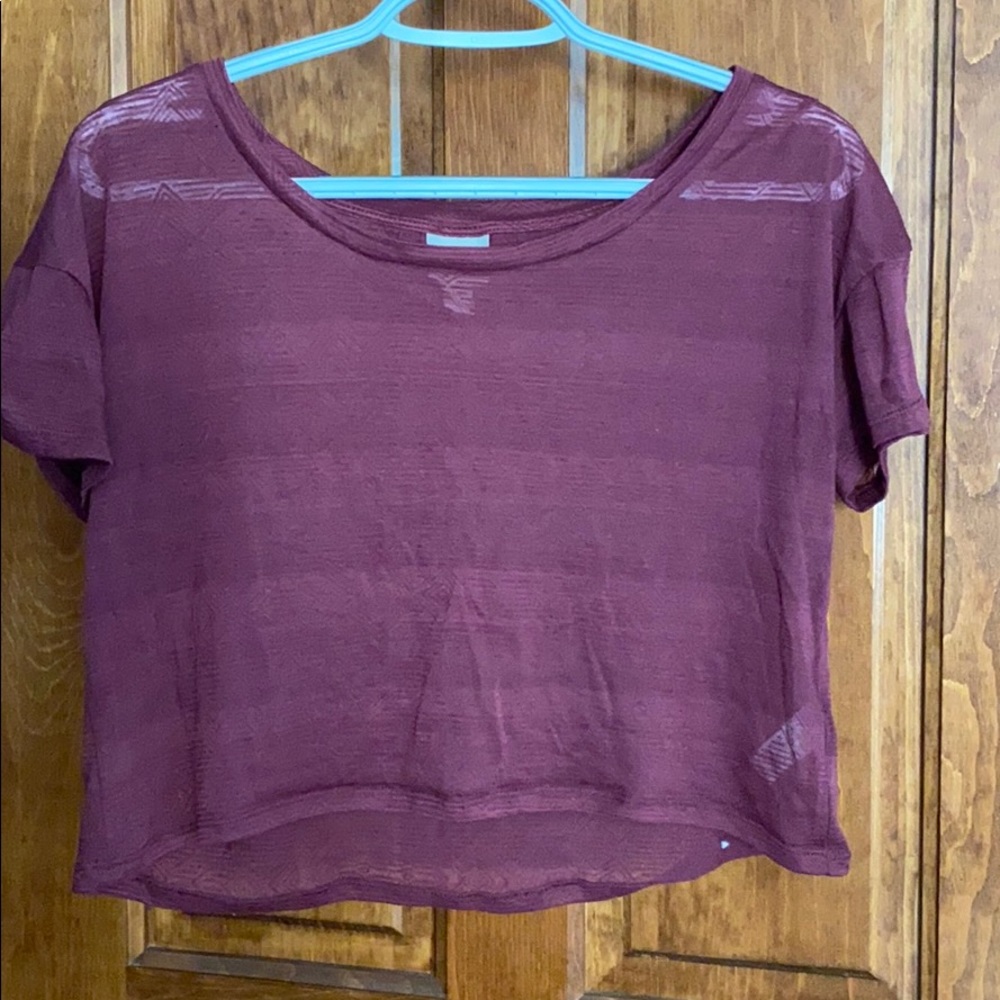 cropped slightly transparent purple patterned top
